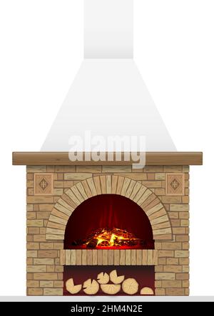 Ein alter Backsteinherd mit Feuer. Ziegelbogen mit Kamin oder Herd Stock Vektor