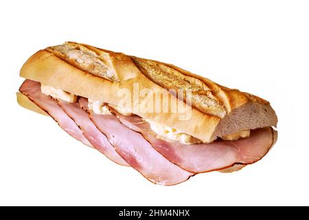 Sub Sandwich mit Schinken und Salat isoliert auf weiß. Stockfoto