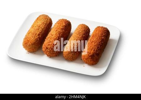 holländischer frittierter panierter Snack, kroket isoliert auf weiß Stockfoto