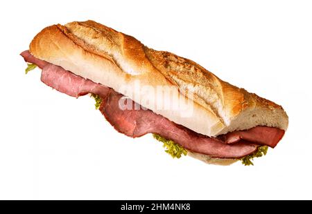 Sub Sandwich mit Schinken und Salat isoliert auf weiß. Stockfoto