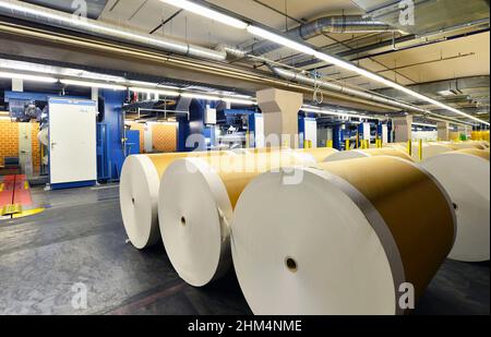 Papierrollen und Offsetdruck Maschinen in einer großen Druckerei für die Produktion von Zeitungen & Zeitschriften Stockfoto