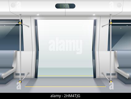 Schiebetüren eines modernen U-Bahn-Wagens mit Sitzplätzen für Passagiere. Vektorgrafiken Stock Vektor