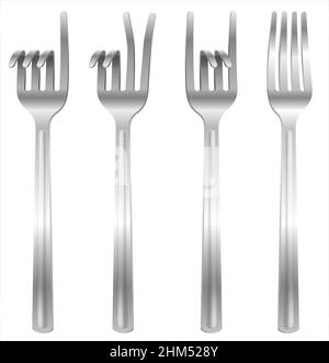 Satz von Metallgabeln gebogen in Form von Gesten. Konzept zu einem Thema der Mahlzeit Stock Vektor