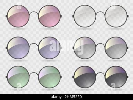 Set aus runden Gläsern mit verschiedenen Gläsern. Retro-Style. Hippie. Vektorgrafiken mit Transparenz Stock Vektor
