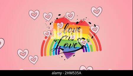 Bild von Herzen über Regenbogen Liebe ist Liebe Text auf rosa Hintergrund Stockfoto