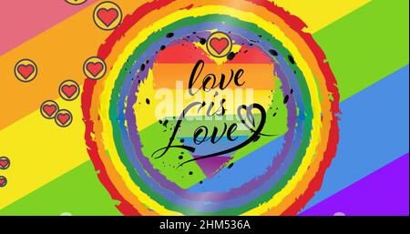 Bild der Liebe ist Liebe Text und Herzen mit Regenbogenhintergrund Stockfoto