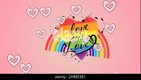 Bild von Herzen über Regenbogen Liebe ist Liebe Text auf rosa Hintergrund Stockfoto