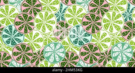 Schneiden Sie Zitrusfrüchte nahtlos in Scheiben. Zitronen, Limetten und Orangen mit tropischer Sommerstruktur. Sonniger Hintergrund. Wiederholtes Ornament für Stoff, Verpackung Pap Stock Vektor
