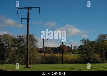 Blick auf Stromleitungen, die in der Ferne quer durch die Landschaft schnappen Stockfoto