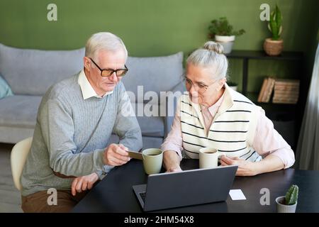 Modernes Seniorenpaar mit Getränken am Tisch vor dem Laptop im Wohnzimmer und Waren im Online-Shop bestellen Stockfoto