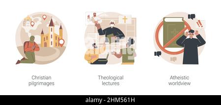 Religiöse Lehre abstraktes Konzept Vektor Illustration Set. Christliche Pilgerfahrten, theologische Vorträge, atheistische Weltanschauung, Kirchenväter, Mönche im Kloster, Gebet zu gott abstrakte Metapher. Stock Vektor