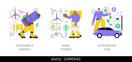 Clean Energy Abstract Concept Vektor Illustration Set. Erneuerbare Energien, Windkraft, alternativer Brennstoff, Sonnenkollektoren, Ökostrom, Ladestation, Glühbirne, abstrakte Metapher für Windparks. Stock Vektor