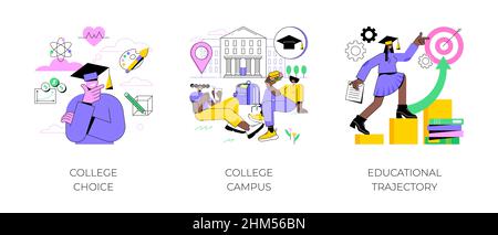 Student Leben abstrakt Konzept Vektor Illustration Set. Hochschulwahl, Hochschulcampus, Bildungsweg, Beurteilungstest, Abschluss, campus-Tour, Universitätsveranstaltungen, abstrakte Metapher der Bibliothek. Stock Vektor