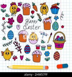 Ostern traditionelle Doodle Sammlung - Eier, Hühner, Korb, Christian Vektor-Set Dekoration. Vektor Hand Zeichnungen Ilustration isoliert Hintergrund Stock Vektor