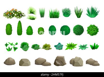 Satz von Elementen für die Landschaftsgestaltung in isometrischen Schemata. Vektorgrafiken. Sträucher, Bäume, Felsen Stock Vektor