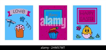 Ostern traditionelle Doodle Banner - Eier, Hühner, Korb, Christian Vektor-Set Dekoration. Vektor Hand Zeichnungen Ilustration isoliert Hintergrund Stock Vektor