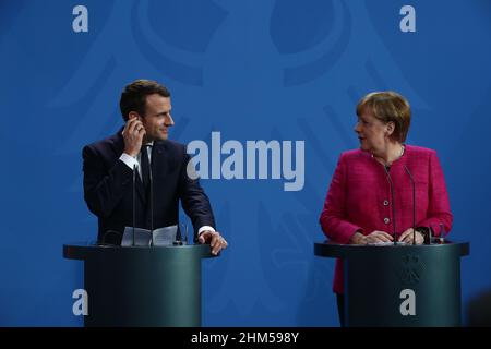 Berlin, Deutschland, 15,5.17, der französische Präsident Emmanuel Macron und die deutsche Bundeskanzlerin Angela Merkel besuchen den Staatsbesuch des französischen Präsidenten Emmanuel Macron Stockfoto