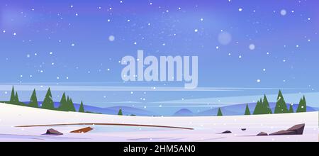 Cartoon Winter Natur Landschaft gefrorenen Teich oder See auf dem Feld mit Schnee bedeckt. Blick auf die Landschaft mit fallenden Schneeflocken, Felsen und Tannen. Ruhiger weihnachtlicher Panorama-Hintergrund, Vektorgrafik Stock Vektor