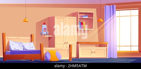 Kinderzimmer, leeres Kinderzimmer innen mit Bett, Kissen auf Teppich, Schrank, Rucola-Spielzeug und Bücher auf Regalen, Holzmöbel und breiten Vorhängen-Fenster, gemütlicher Ort Cartoon-Vektor-Illustration Stock Vektor
