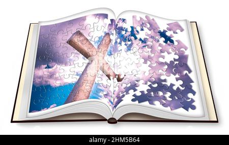 Geöffnetes Fotobuch mit christlichem Kreuz in Puzzleform - Konzeptbild Stockfoto