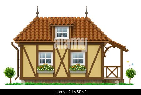Altes europäisches alpines Chalet-Haus mit Fachwerk Stock Vektor