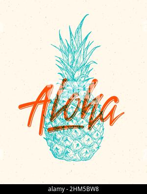 Aloha Beach Schriftzug. Havaiisches Sommertropenschild, Etikett, Vintage-Kartenvorlage mit schäbiger Textur. Handgezeichnete Ananas im Sketch-Stil dekorativ Stock Vektor