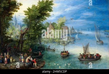 Flusslandschaft von Jan Brueghel der Ältere (1568-1625), Öl auf Kupfer, 1607 Stockfoto