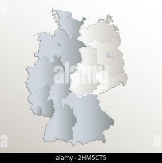 Deutschland-Karte aufgeteilt auf West- und Ost-Karte, administrative Teilung, weißes blaues Kartenpapier 3D, leer Stockfoto