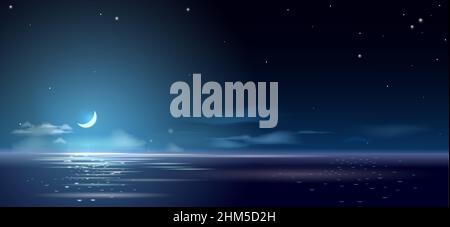 Hintergrund Nacht und Monat über Meer und Stock Vektor