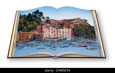 Schöne alte Lerici-Stadt in Ligurien (Italien) - 3D Renderbild eines geöffneten Fotobuchs isoliert auf Weiß - Ich bin der Urheberrechtsinhaber von t Stockfoto