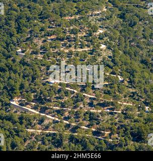 Luftbild, Serpentinenweg bei Buñola, Bunyola, Pla de na Tesa, Cabaneta (Sa), Mallorca, Balearen, Balearen, Baleares, Spain, ESP, E Stockfoto