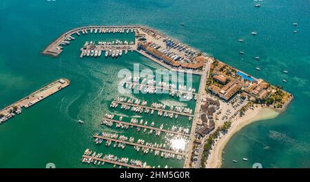 Luftbild, Hafen von Alcudia, Yachthafen, Segelboote, Port d'Alcúdia, Türkisfarbenes Wasser, Alcudia, Pla de na Tesa, Cabaneta (Sa), Mallorca, Baleareninsel, B Stockfoto