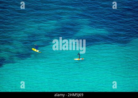 Luftbild, Stand-up-Paddler im türkisfarbenen Wasser, Sandstrand von Can Picafort, Illes Balears, Can Picafort, Mallorca, Balearen, Balearen Stockfoto