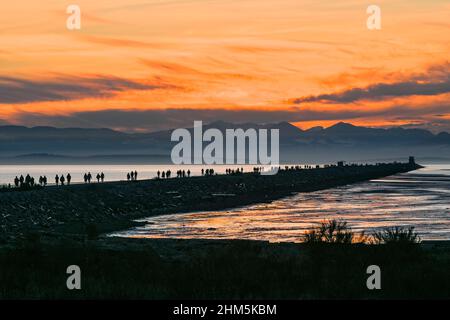Spaziergang bei Sonnenuntergang, Iona Jetty, Iona Beach Regional Park, Richmond, British Columbia, Kanada Stockfoto
