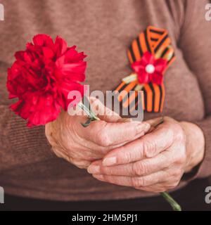 Konzept Hintergrund des russischen Feiertags am 9. Mai Victory Day. Alte Frau, die in den Händen eine rote Nelke und das Band des heiligen Georg hält. Nahaufnahme. Getönter Jahrgang. Stockfoto