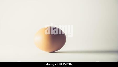 Einzelnes braunes Ei isoliert von weißem Hintergrund. Konzept. Nahaufnahme Stockfoto