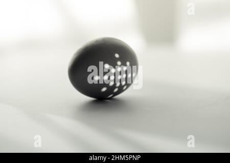 Einzelnes Hühnereier auf weißem Hintergrund mit kreativem Schatten. Schwarz-Weiß-Konzept. Nahaufnahme Stockfoto