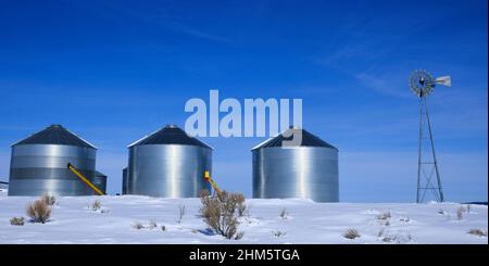 Windmühle und Stahlkornsilos im Winterschnee mit blauem Himmel auf dem Bauernhof für die landwirtschaftliche Landwirtschaft Stockfoto