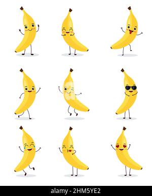 Niedliche glückliche Banane Charakter. Lustiges Obst-Emoticon im flachen Stil. eps 10 Stock Vektor