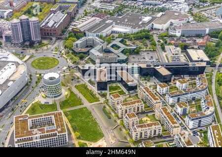 Luftaufnahme, Firmenzentrale Funke Mediengruppe, Jakob-Funke-Platz 1, Grüne Mitte Essen, Westviertel, Essen, Ruhrgebiet, Nordrhein-Westfalen, G Stockfoto