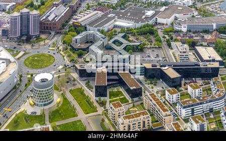 Luftaufnahme, Firmenzentrale Funke Mediengruppe, Jakob-Funke-Platz 1, Grüne Mitte Essen, Westviertel, Essen, Ruhrgebiet, Nordrhein-Westfalen, G Stockfoto