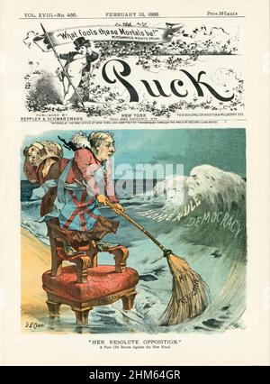 Ein Cover des American Puck Magazine aus dem späten 19th. Jahrhundert mit einer Karikatur von Königin Victoria, die auf ihrem Thron mit der Bezeichnung „England“ am Meeresufer steht. Sie hält einen Besen mit der Aufschrift „Mein Vorrecht“ und fegt gegen Meereswellen mit der Aufschrift „Home Rule“ und „Democracy“, die die Gesichter von Charles S. Parnell, William E. Gladstone und Robert Cecil Salisbury zeigen. Stockfoto