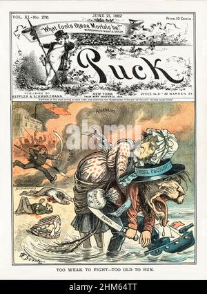 Ein Cover des American Puck Magazine aus dem späten 19th. Jahrhundert mit einem Cartoon des britischen Löwen, der auf ein Kanonenboot mit der Bezeichnung „Thunderer“ tritt, während er William E. Gladstone, als Frau gekleidet, auf dem Rücken trägt. Der Löwe wird als „moralische Komplizenschaft, britische Prestige, Gefahr, Gewinne und Verantwortung“ bezeichnet, Gladstones Kleid trägt die Aufschrift „Schwankung, Prokrastination, Irisches Ärger und Schüchternheit“. Am Ufer befindet sich eine Reihe von Kiefern, die mit der Aufschrift „Brag & Bluster“ beschriftet sind, als sie sich ins Meer begeben, nachdem sie den „britischen Konsul“ vor „Anarchie, Aufruhr und Blutvergießen“ verlassen haben. Stockfoto