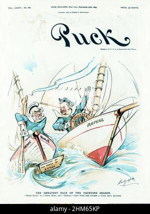 Ein Cover des American Puck Magazine aus dem späten 19th. Jahrhundert mit einem Cartoon von Präsident Cleveland an der Spitze, der als „Kongress“ einer Yacht mit der Bezeichnung „Aufhebung“ bezeichnet wird, in einem Rennen gegen den britischen Premierminister William E. Gladstone, der ein Ruder mit der Bezeichnung „House of Commons Majority“ hält und ein Boot mit der Bezeichnung „Home“ steuert Regel“, die einen gebrochenen Balken hat und sich gegen Trümmer anstößt, die als „Opposition des Oberhauses“ im Wasser schweben. Stockfoto