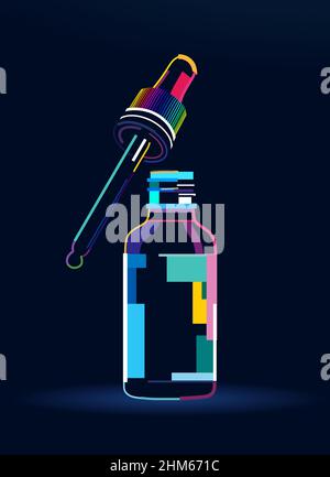 Abstrakte kosmetische Tropfflasche. Serumflasche mit Tropfpipettenmodell. Flasche für Medizin aus bunten Farben. Farbige Zeichnung. Vektorgrafik Stock Vektor