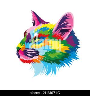 Abstraktes Kätzchen-Gesicht-Porträt, Katzengesicht aus bunten Farben. Farbige Zeichnung. Porträt einer Schnauze eines Kätzchens, Schnauze einer Katze. Vektorgrafik Stock Vektor