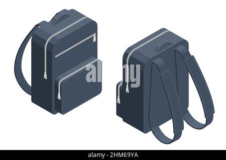 Isometrische Schultasche isoliert auf Weiß. Rucksäcke für Schüler, Studenten. Rucksack-Rückentasche Rucksack für Schule oder Schüler vorne und hinten Stock Vektor