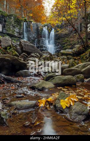Wasserfall Dardagna - der Wasserfall Dardagna ist ein Wasserlauf des oberen Bologneser Apennins, der als Wildbach bestimmt wird. Es ist ein Nebenfluss des Leo-Baches. Stockfoto