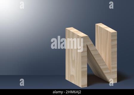 3D Buchstabe N Abbildung in Natursperrholz auf hellgrauem Hintergrund Stockfoto