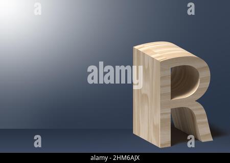 3D Buchstabe R Abbildung in Natursperrholz auf leuchtender grauer Hintergrund Stockfoto